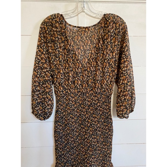 Skies are Blue Women's Ditsy Floral Brown/Black Coquette Mini Smocked Dress - M - Picture 5 of 12